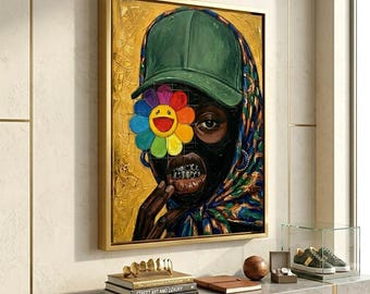 Vibrant Urban Wall Art, Street Culture Canvas Print, Modern Portrait Painting, Colorful Flower Poster, Cool Apartment Decor Art,Graffiti Art