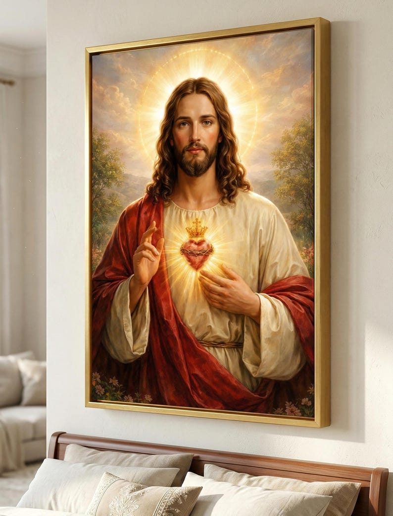 Impression sur toile du Sacré-Cœur de Jésus, art mural catholique, décoration chrétienne pour la maison, affiche religieuse, art du Sauveur, décoration murale spirituelle image 6