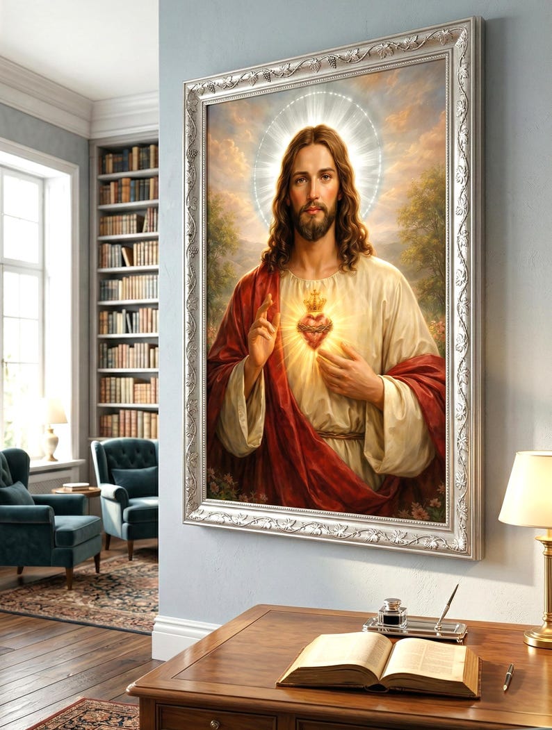 Peut inclure: Un portrait religieux encadr&eacute; repr&eacute;sente un homme aux longs cheveux bruns, une barbe et un halo. Il porte une robe blanche et un manteau rouge, avec un c&oelig;ur brillant sur sa poitrine. Le cadre argent&eacute; orn&eacute; est accroch&eacute; &agrave; un mur bleu clair.