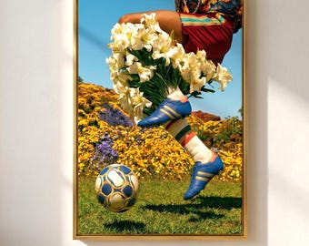 Vintage Soccer Player Art Canvas, Lily Flower Football Print, Quirky Sports Wall Decor, Gift For Soccer Lover, Unique Athletic Room Poster