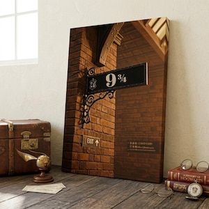 May include: A canvas print of the iconic Platform 9 3/4 sign, featuring a black rectangular sign with white text and a decorative bracket. The sign is mounted on a brick wall, with an exit sign below. The image evokes a sense of fantasy and adventure.