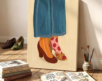 Vintage Fashion Wall Art, Quirky Trendy Canvas Poster, Eclectic Girl Room Decor, Retro Heels Print, Mismatched Socks Cute Bedroom Poster