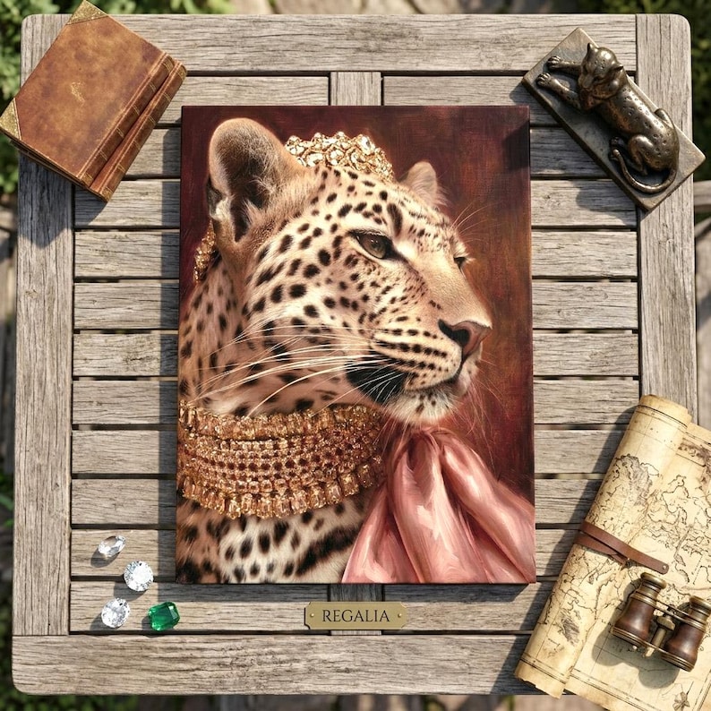 May include: A rectangular canvas print featuring a leopard wearing a gold crown and a multi-layered gold necklace with a pink silk scarf. The leopard is depicted in profile against a dark brown background. A small gold plaque labeled REGALIA is attached.
