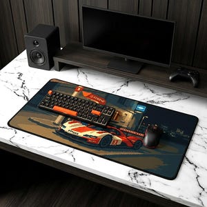 May include: A large rectangular mouse pad featuring a pixelated design of a red and white race car with the word "Porsche". A black keyboard and mouse are on the pad. The pad is on a white marble desk.