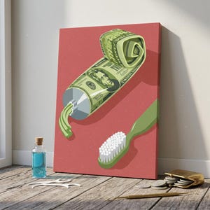 Money Toothpaste Canvas Wall Art, Surreal Pop Art Poster, Success Motivation Canvas Art, Trendy Aesthetic Wall Decor, Vibrant Pop Art Canvas