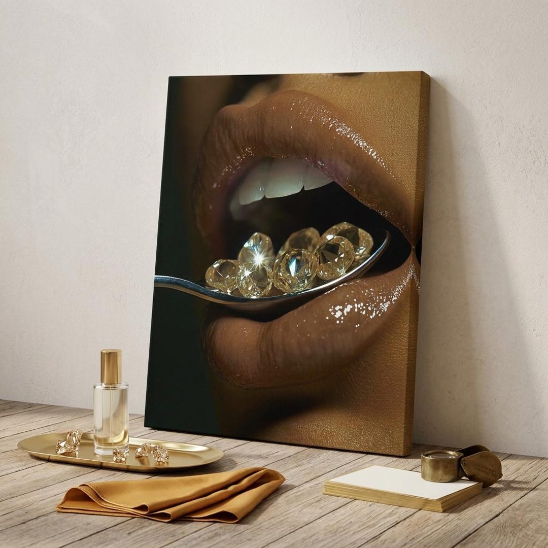 Luxury Lips Wall Art Gold Diamonds Canvas Print, Glamorous Lips Wall ...
