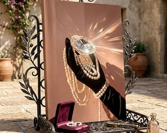 May include: A rectangular canvas print featuring a black-gloved hand holding a large, brilliant-cut diamond and draped in multiple strands of white pearls. The artwork is displayed on a black metal easel with olive branch motifs and scrollwork.
