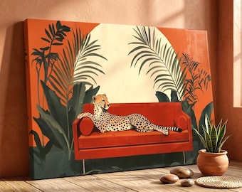 Cheetah on Couch Canvas Print, Mid Century Modern Wall Art, Terracotta Botanical Poster, Leopard Living Room Decor, Eclectic Wild Animal Art