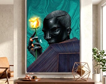 Black Man Canvas Art, Glowing Rose Poster, Modern African Wall Decor, Surreal Portrait Print, Teal Navy Wall Art, Living Room Canvas Art