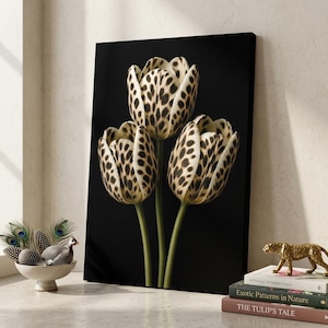 Leopard Print Tulip Canvas Wall Art, Exotic Floral Poster, Wild Flower Art Print, Chic Bedroom Wall Art, Maximalist Decor Art