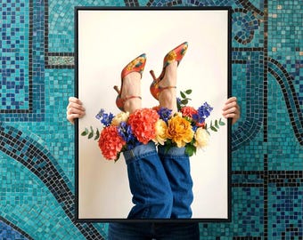 Maximalist Fashion Wall Art, Floral Heels Canvas Print, Eclectic Legs Flower Art Poster, Trendy Bedroom Decor, Retro Chic Aesthetic Gift
