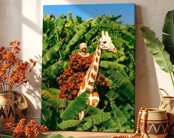 African Woman Canvas Wall Art, Giraffe Surrealism Print, Tropical Botanical Poster, Safari Animal Wall Decor, Maximalist Living Room Art