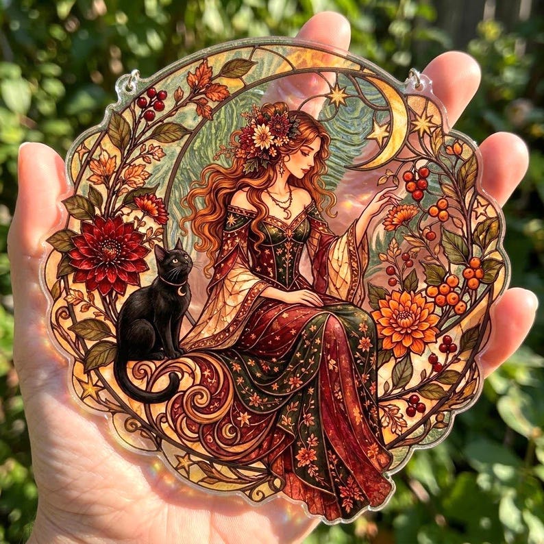 Sitting With Rounded Back Art Nouveau Witch Stained Glass Suncatcher, Black Cat Window Hanging ...