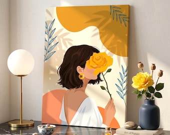 Boho Woman Canvas Wall Art, Abstract Yellow Rose Print, Minimalist Girl Portrait Poster, Warm Earthy Decor, Mid Century Botanical Artwork