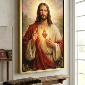 Peut inclure: Portrait religieux encadr&eacute; repr&eacute;sentant une figure avec de longs cheveux bruns, une barbe et un halo. La figure porte une robe blanche et un manteau rouge, avec un c&oelig;ur brillant sur la poitrine. L'&oelig;uvre est dans un cadre dor&eacute;.