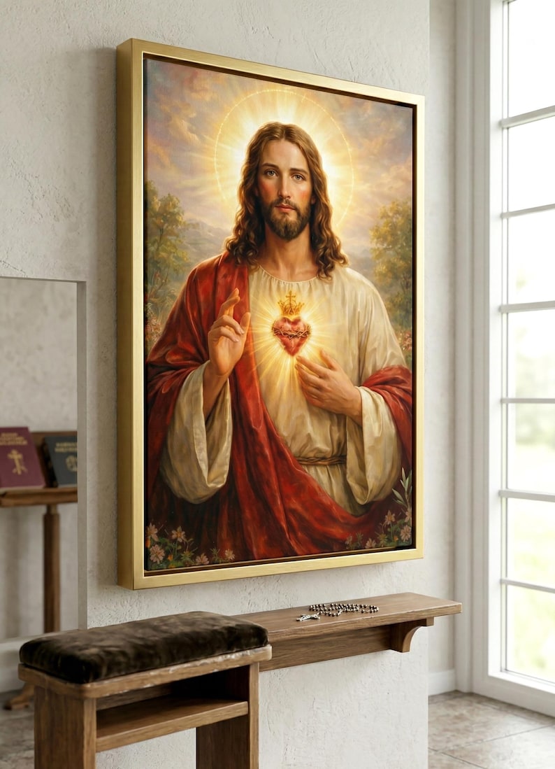 Peut inclure: Portrait religieux encadr&eacute; repr&eacute;sentant une figure avec de longs cheveux bruns, une barbe et un halo. La figure porte une robe blanche et un manteau rouge, avec un c&oelig;ur brillant sur la poitrine. L'&oelig;uvre est dans un cadre dor&eacute;.