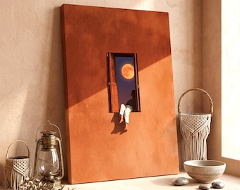 Surrealism Moon Wall Decor, Woman Window Canvas Art, Celestial Night Sky Print, Terracotta Aesthetic Painting, Modern Magic Realism Artwork