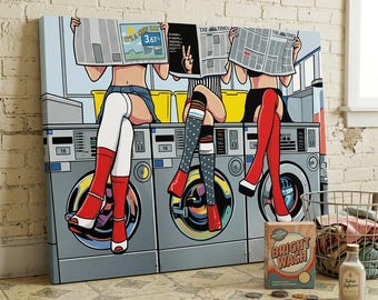 Pop Art Laundry Room Decor Canvas Print, Comic Style Women Reading Newspaper Poster, Colorful Pop Art Poster, Unique Dorm Room Decor