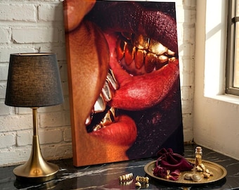 Gold Teeth Lips Canvas Wall Art, Streetwear Hip Hop Poster, Sexy Urban Kiss Painting, Modern Aesthetic Bedroom Decor, Trendy Wall Gift