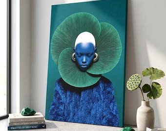 Toile murale afrocentrique, affiche éclectique bleue et turquoise, portrait surréaliste moderne, impression mode vibrante, cadeau de pendaison de crémaillère unique