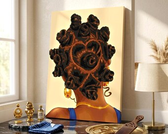 Black Woman Hair Art Canvas, Bantu Knots Wall Art, African American Poster, Natural Hair Salon Decor, Melanin Queen Print, Afrocentric Gift