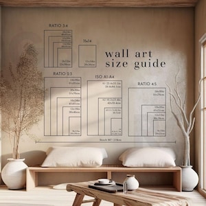 May include: A wall art size guide chart printed on a beige wall, displaying various frame ratios including 3:4, 11x14, 2:3, ISO A1-A4, and 4:5 with corresponding dimensions in inches and centimeters, plus a bench width reference of 86 inches.