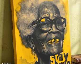 Stay True Canvas Wall Art, Urban African American Grandmother Poster, Street Art Portrait, Modern Yellow Home Decor, Bold Statement Print