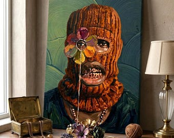 Abstract Streetwear Wall Art, Colorful Floral Mask Canvas, Trendy Apartment Decor, Bold Hip Hop Inspired Poster, Pop Art Portrait Print