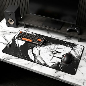 Dark Aesthetic Manga Desk Mat, Black and White Anime Style Mousepad, Large Gaming Surface, Edgy Sketch Art Desk Decor,Stitched Edge Desk Rug
