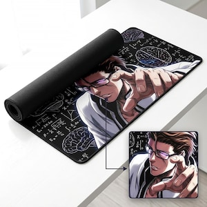 May include: A rectangular black mouse pad featuring an anime-style illustration of a man with brown hair and glasses wearing a white coat. The background displays white mathematical formulas and brain diagrams. A portion of the mat is rolled up.