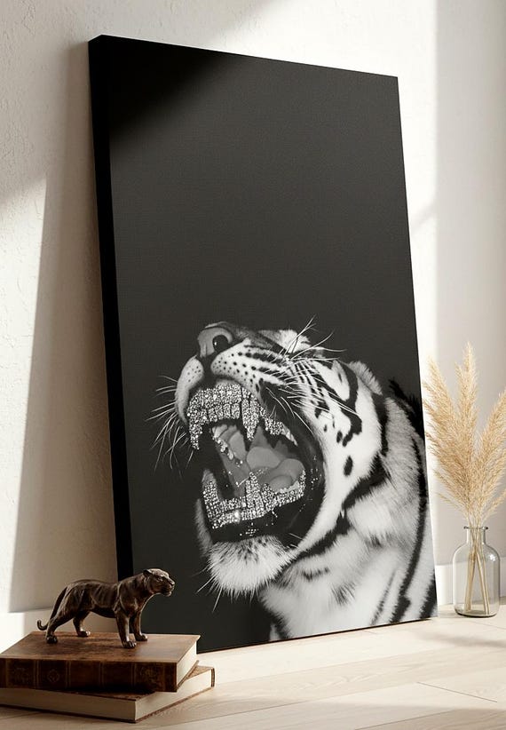 Luxury Tiger Wall Art, Diamond Grillz Tiger Canvas Print, Black and White Wild Animal Poster, Modern Street Art Decor, Hustle Mindset Art