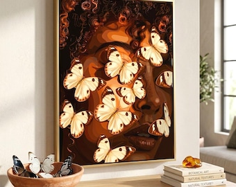 Black Woman Butterfly Canvas Wall Art, African American Wall Decor, Melanin Queen Portrait Painting, Warm Tone Bedroom Aesthetic Poster