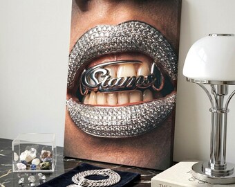 Diamond Lips Canvas Wall Art, Silver Grillz Poster, Hip Hop Luxury Decor, Dope Urban Streetwear Art, Trendy Bedroom Wall Hanging, Hype Room