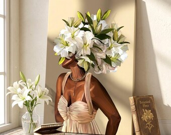 Neutral Boho Wall Art Canvas, Black Girl Floral Head Painting, Modern Lily Flower Poster, Aesthetic Living Room Decor, Elegant Feminine Gift