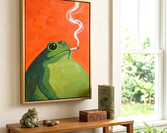 Funny Frog Smoking Canvas Wall Art, Moody Green Frog Poster, Quirky Animal Oil Painting Look, Orange Pop Art Decor, Unique Housewarming Gift