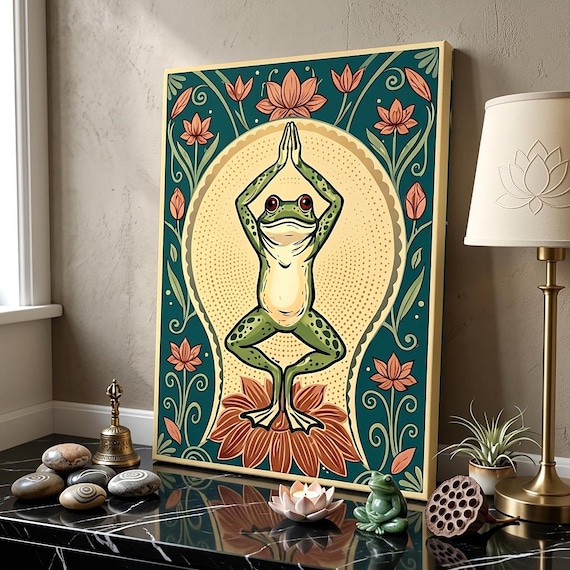 Yoga Frog Canvas Poster, Funny Frog Wall Art, Art Nouveau Frog Print, Meditating Frog Art, Cute Frog Decor, Zen Yoga Studio Wall Decor