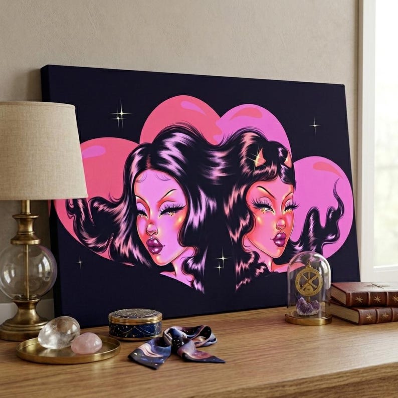May include: A canvas print featuring two stylized female portraits with long, dark hair and pink skin, set against a dark blue background with pink heart shapes. The artwork has a glamorous, illustrative style with sparkling accents.