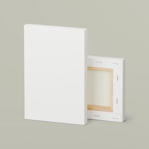 May include: A blank white rectangular canvas positioned vertically, accompanied by a second canvas showing its wooden frame structure from the back, featuring white fabric stretched over a light-colored wooden support frame with metal staples.