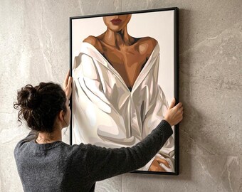 Beige Aesthetic Wall Art, Sensual Woman Canvas Print, Warm Tone Figurative Painting, Modern Chic Living Room Decor, Cozy Apartment Wall Art