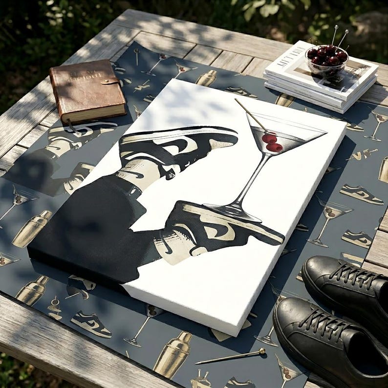 May include: A rectangular canvas print featuring a graphic illustration of a black and white sneaker balancing a martini glass with two red cherries. The artwork is displayed on a patterned surface with repeating sneaker and cocktail motifs.