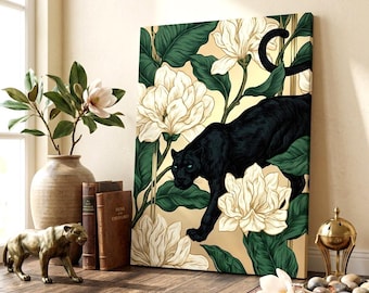 Black Panther Canvas Wall Art, Vintage Magnolia Print, Moody Jungle Floral Poster, Wild Animal Botanical Decor, Dark Academia Home Gift