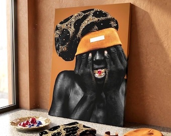 Streetwear Canvas Wall Art, Trendy Hip Hop Poster, Urban Fashion Print, Gold Grillz Portrait, Luxury Black Art, Aesthetic Room Decor