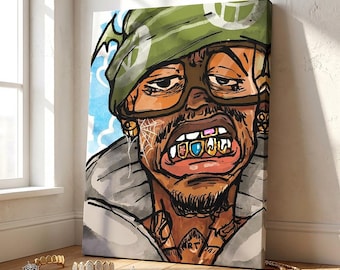 Urban Street Art Canvas Print, Hip Hop Rapper Poster, Graffiti Portrait Wall Art, Colored Grillz Art, Hypebeast Room Decor, Man Cave Art