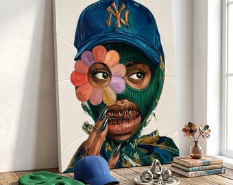 Urban Street Art Canvas Print, Masked Girl Wall Art, Graffiti Woman Poster, Hypebeast Room Decor, Modern Bedroom Wall Decor, Cool Art Print