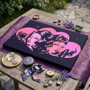 May include: A black canvas print featuring two women's faces within a pink heart shape. The artwork has a vibrant color palette with pink and purple tones. The scene is set on a wooden table with decorative items like a compass and crystals.