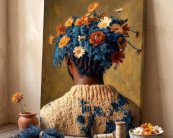African American Wall Art, Black Man Portrait Canvas, Blue Moss and Flowers Hair Poster, Textured Knit Sweater Print, Modern Boho Decor