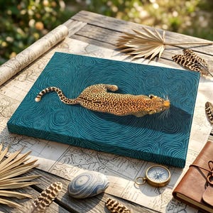 May include: A rectangular canvas print featuring a leopard with a spotted gold and black coat positioned centrally on a dark teal background covered in intricate, swirling topographic line patterns that create a sense of depth and movement.