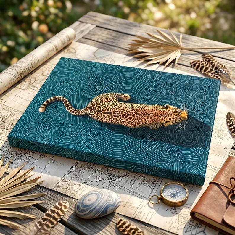May include: A rectangular canvas print featuring a leopard with a spotted gold and black coat positioned centrally on a dark teal background covered in intricate, swirling topographic line patterns that create a sense of depth and movement.