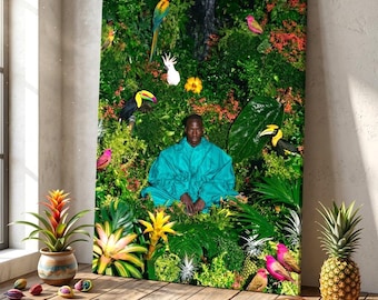 Tropical Botanical Canvas Art, Afro Surrealism Wall Decor, Black Man In Nature Poster, Exotic Jungle Birds Print, Maximalist Living Room Art