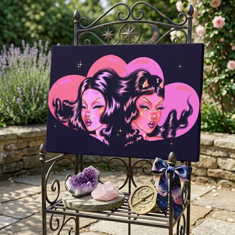May include: A canvas print featuring two stylized women with long dark hair and pink skin, set against a dark purple background with pink heart-shaped elements. The artwork is displayed on a decorative black metal stand, with crystals and a compass below.